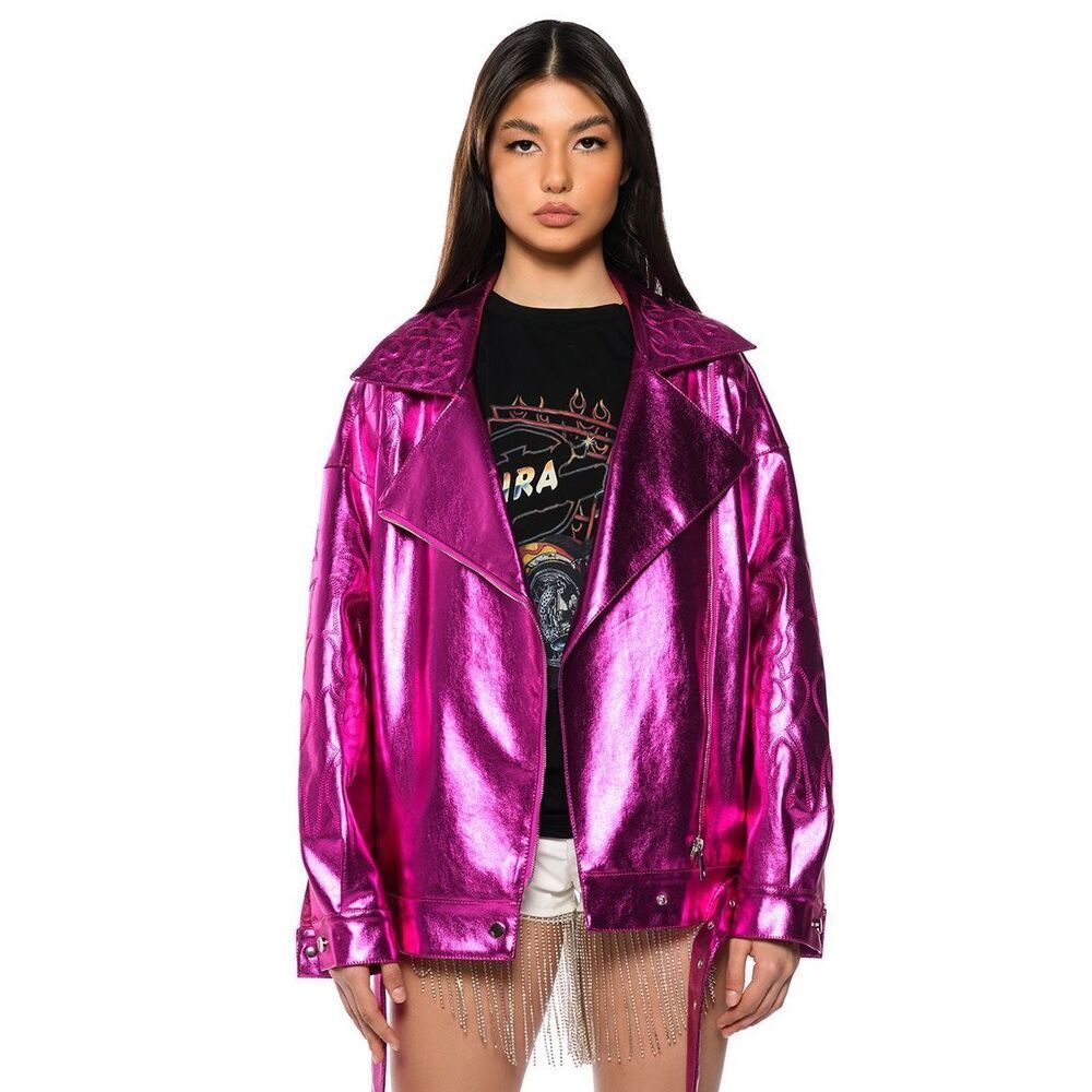 AKIRA PRINCE METALLIC EMBROIDERED PINK WESTERN MOTO JACKET Size S